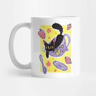 Cute Black Teacup Kitty and Strawberries in Acrylic Mug